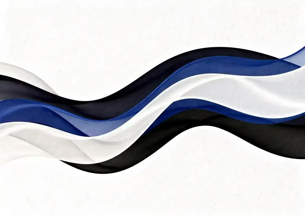 Lainehtivat läpikuultavat silkkinauhat laivastonsinisessä, kuninkaansinisessä ja valkoisessa muodostavat arkkitehtonisia kaaria vaalealla taustalla.