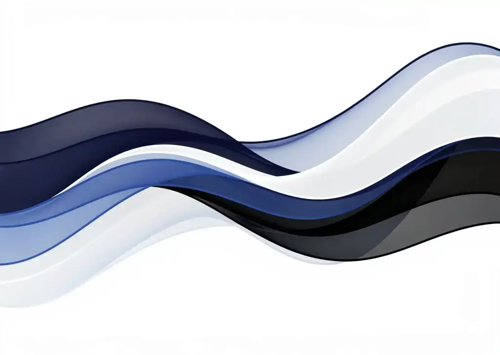 Läpikuultavat silkkinauhat laivastonsinisessä, kuninkaansinisessä ja mustassa muodostavat kaarevia arkkitehtonisia viivoja valkoisella taustalla.